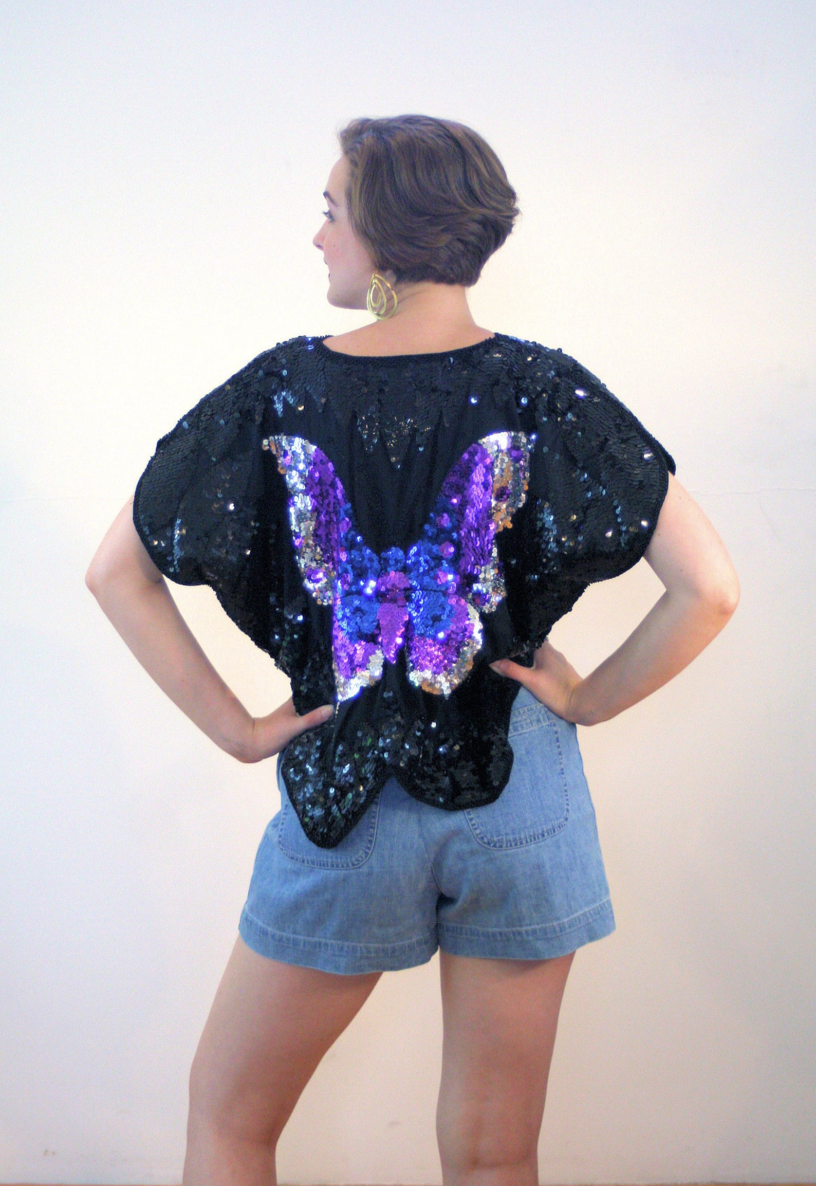 80s Butterfly Sequin Top S M Glam Beaded Purple Vintage Silky Etsy