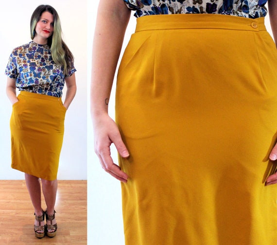 80s "Rena Rowan" Yellow Skirt M, Vintage Mustard … - image 1