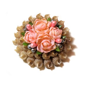 60s Seashell Art Brooch, Vintage Mid Century Shell Pearl Beaded Beach Lover 1960s Unique Flower Pin