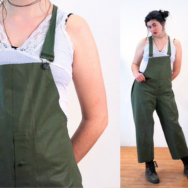 50s Rubber Overalls L XL, Rare Japanese Vintage Olive Green Men's Unisex Fishing Waders Suspender Pants, Large