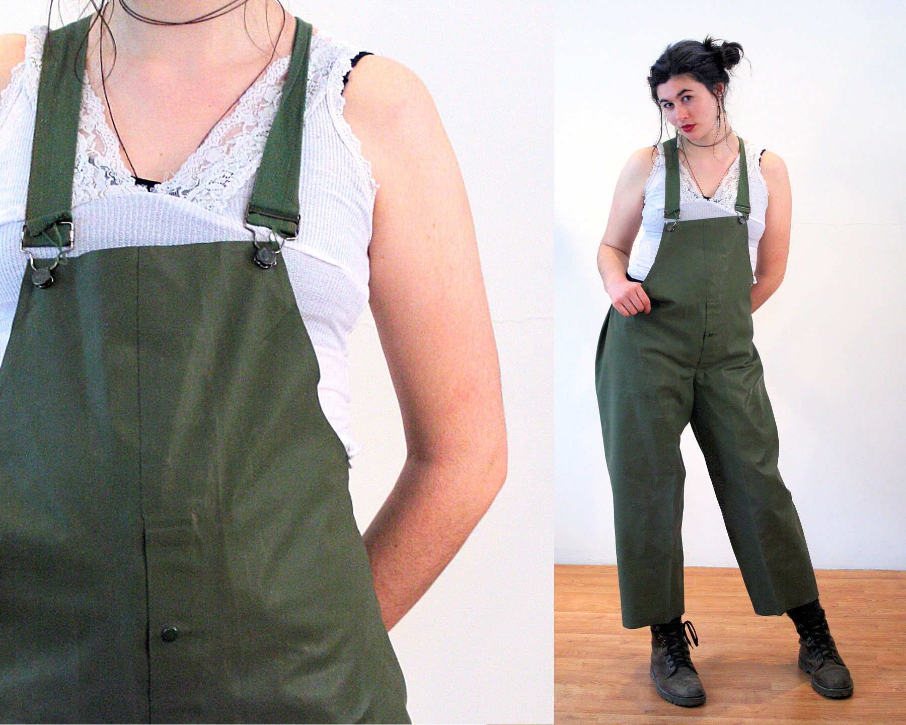 50s Rubber Overalls L XL Japan Vintage Olive Green Waders Etsy