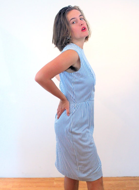 60s Blue White Striped Dress M, Vintage 1960s Cla… - image 4