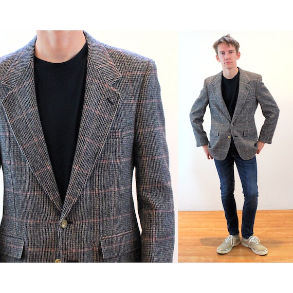 80s Evan Picone Wool Jacket 39R M L, Vintage Gray Glen Plaid