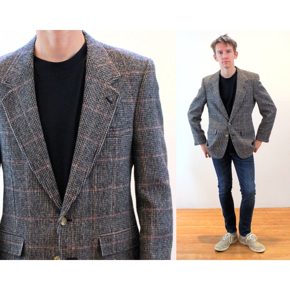 80s Evan Picone Wool Jacket 39R M L, Vintage Gray Glen Plaid