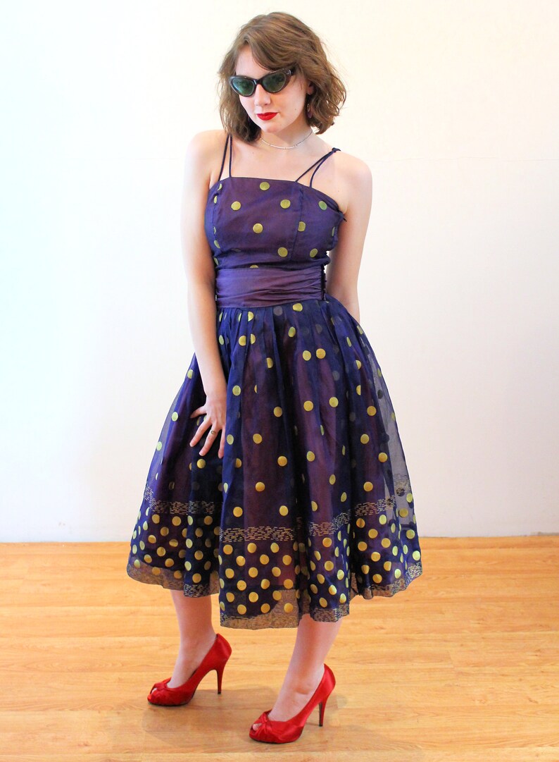 50s Polka Dot 2 Piece Party Dress XS Vintage Gold Metallic & Etsy