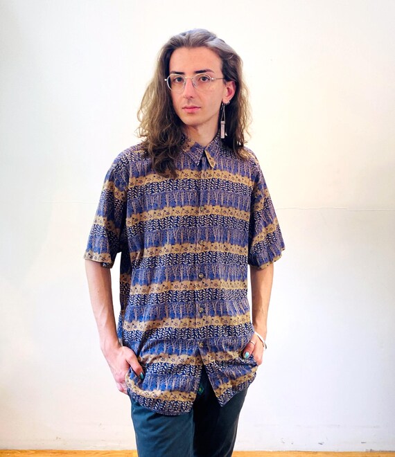 Camisa estampada de árvore dos anos 90 L XL, algodão vintage