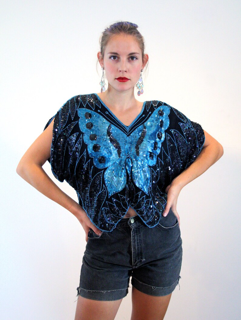80s Blue Sequin Butterfly Top S M India Beaded Black Silk | Etsy