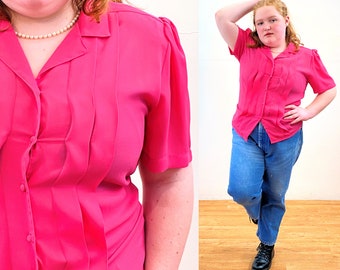 80s Pleated Blouse XL, Vintage Pink Semi Sheer Chiffon Box Pleats Puff Shoulder Short Sleeve Button Up Top, 14 Extra Large