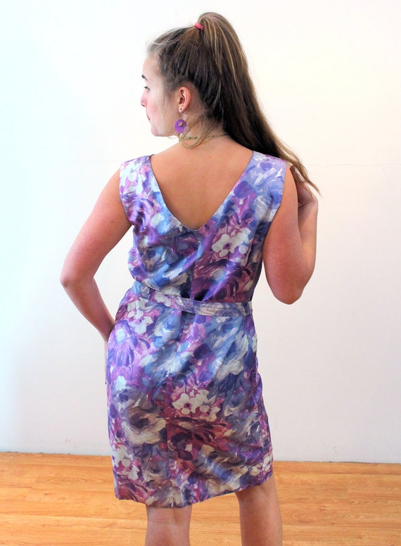 60s Mod Purple Satin Dress M, Vintage Abstract Fl… - image 3