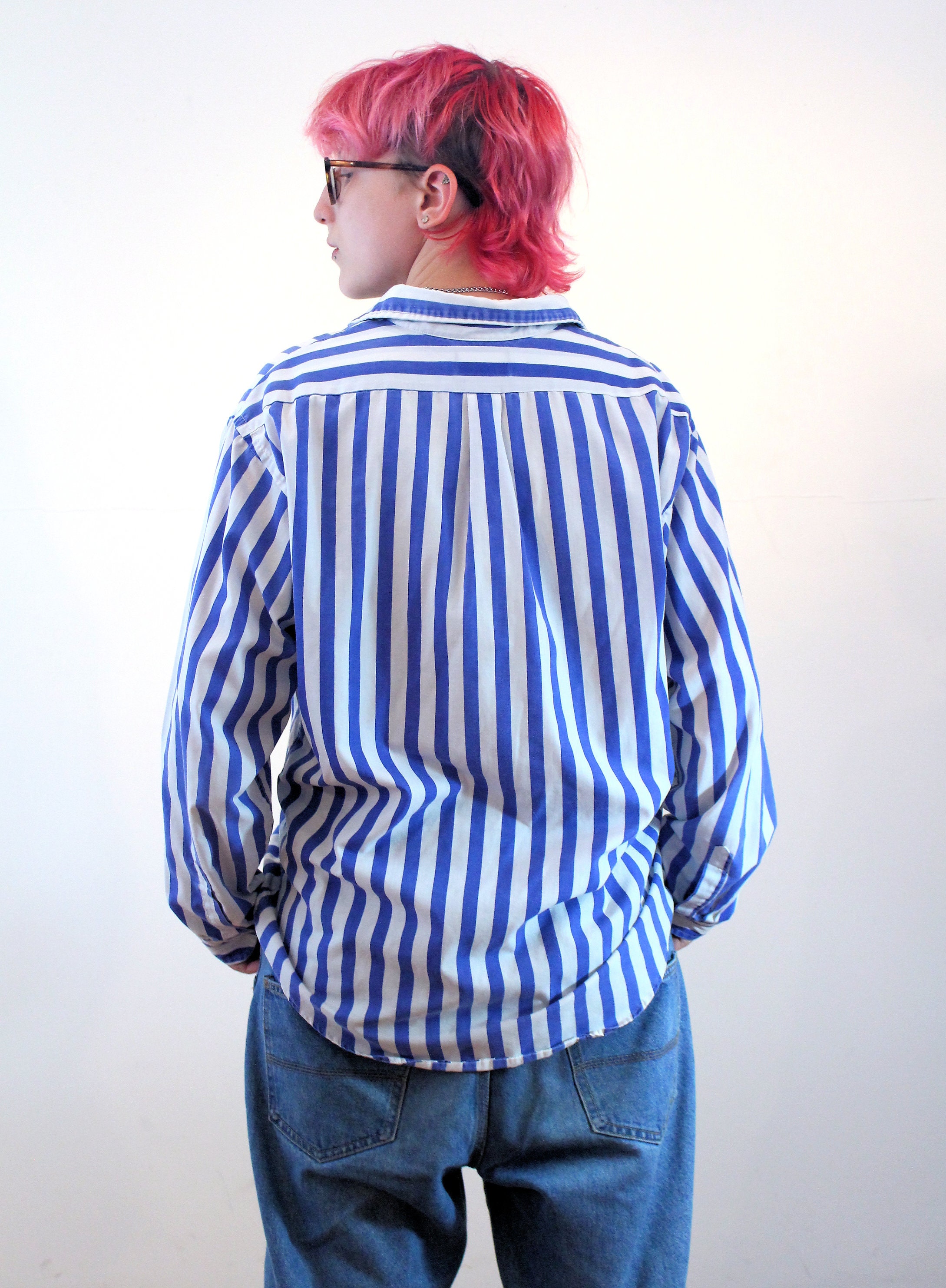 80s Wide Striped Button up Shirt L XL Vintage Blue White - Etsy