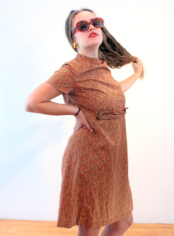 60s Paisley Tent Dress M, Vintage Orange Ditsy Pr… - image 5