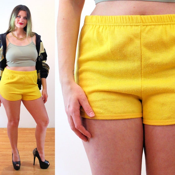 70s Terrycloth Tennis Shorts M, Vintage Yellow Sporty Unisex Athleisure Hot Pants, As Is, Medium