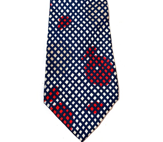 80s LANVIN Silk Tie, Vintage Navy Blue Red Tan Ge… - image 5