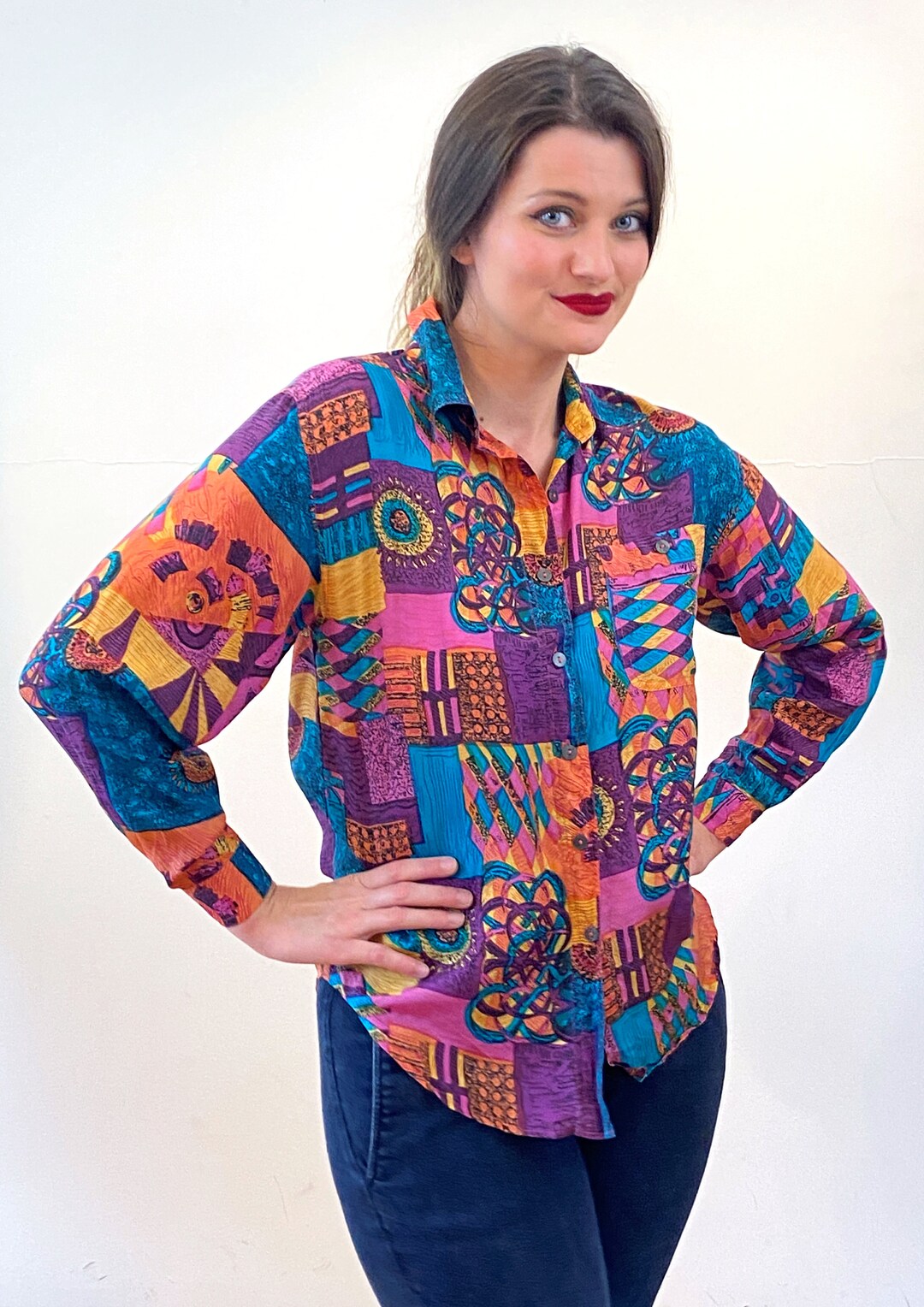 Printed Festival Silk Shirt in Burgundy - Ning-dynasty.com