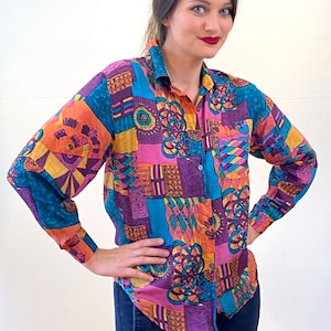 90s Colorful Silk Blouse M, Vintage Purple Patchwork Print &quot;Tribes for Her&quot; Button Up Abstract Maximalist Silk Shirt, Medium