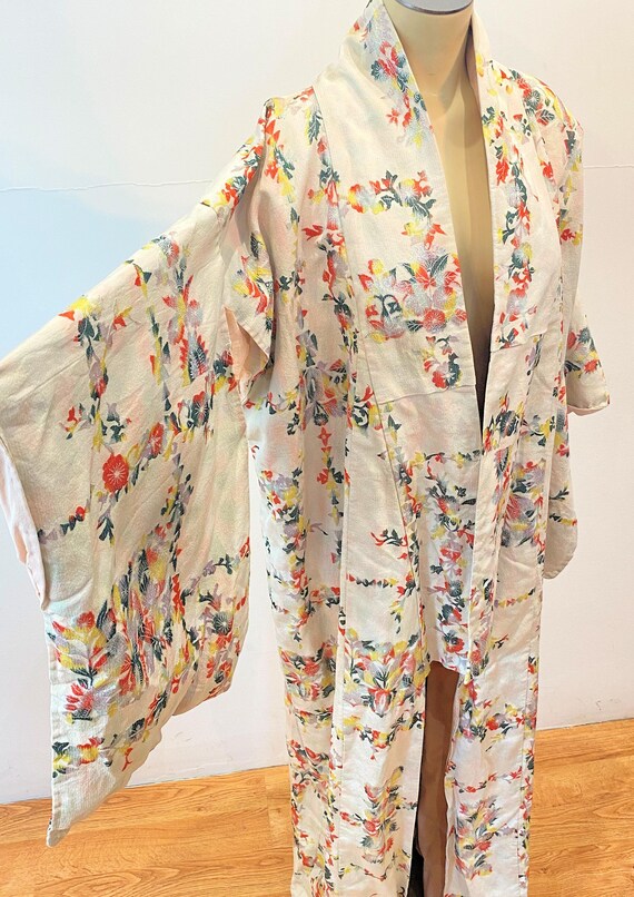 1940s Kimono Robe M L, Vintage Raw Silk Silver Metallic Floral 