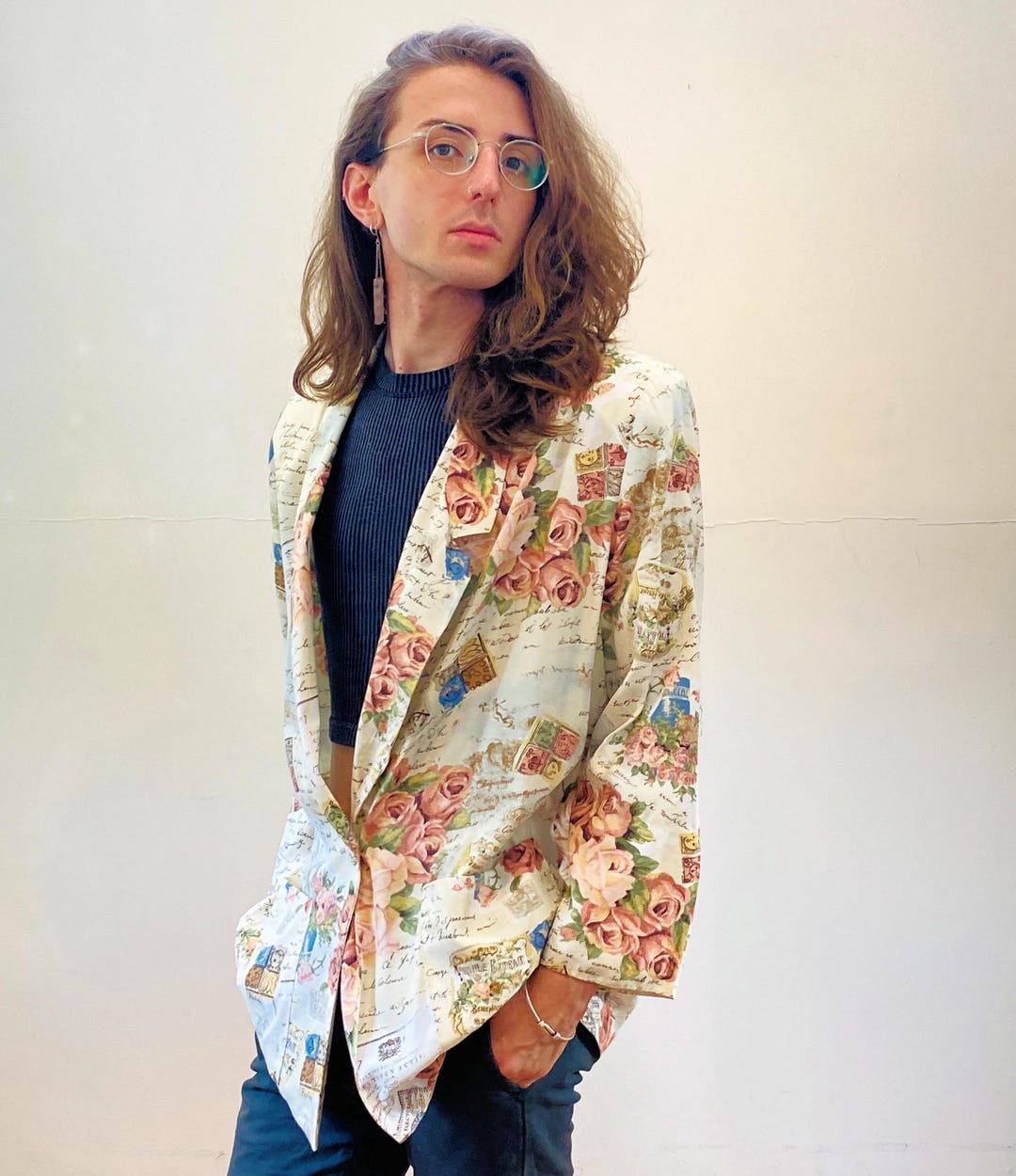 80s Novelty Print Blazer L, Vintage French Roses Letters 