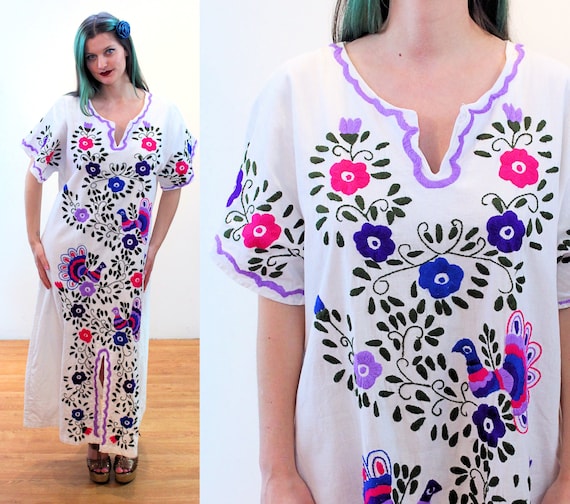 70s Embroidered Birds Mexican Dress M L XL, Vinta… - image 1