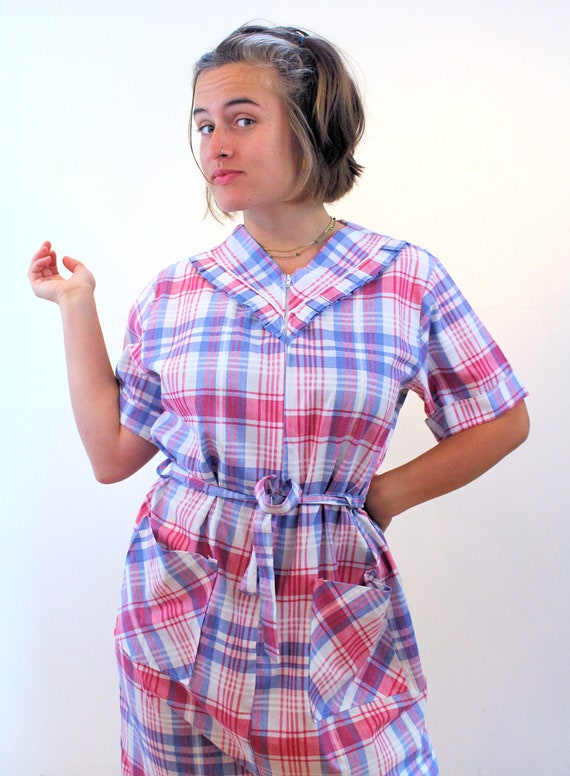 80s Plaid Housedress L, Vintage Pink Blue Zip Up … - image 5