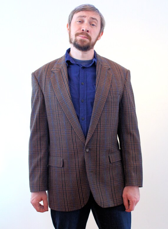 90s Plaid Haband Blazer 42L, Vintage Brown Maroon Wool Blend Corpcore Jacket, Large Tall