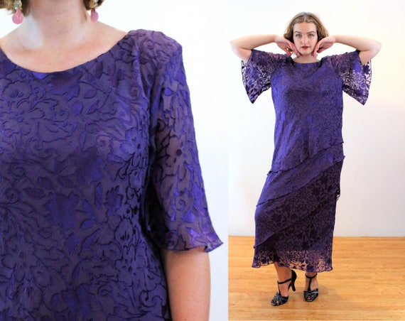80s Purple Silk Burnout Dress L, Vintage Tiered De