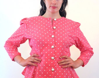 80s Polka Dot Jacket M, Vintage Pink White Puff Sleeve Cute &quot;Stuart Alan&quot; Retro Preppy Barbiecore Dotted Blazer, Medium