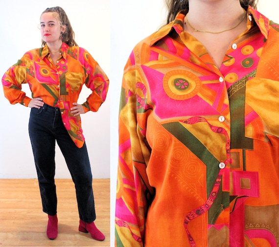 90s Bright Colorful Shirt M, Vintage Orange Pink Geometric 90s Bright Colorful Shirt M, Vintage Orange Pink Geometric