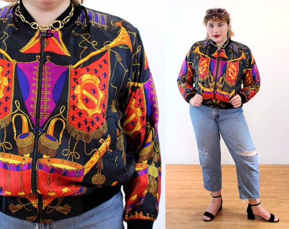 80s Baroque Bomber L XL, Colorful Satin Vintage Mu