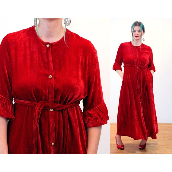 60s Red Velvet House Dress S, Vintage Crimson Dou… - image 1
