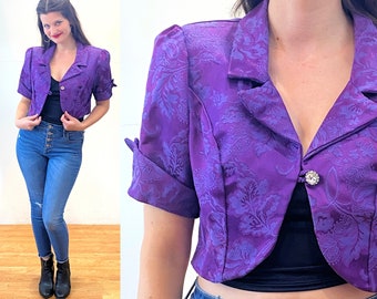 80s Brocade Bolero M, Vintage Purple Floral Satin Jacquard Puff Sleeve Cropped Fancy Crystal Rhinestone Button Party Jacket, Medium