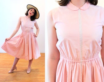 50s Pink Day Dress S XS, Vintage Cotton Lace Trim Fit & Flare Simple Sleeveless 1950s Frock, AS IS, Small