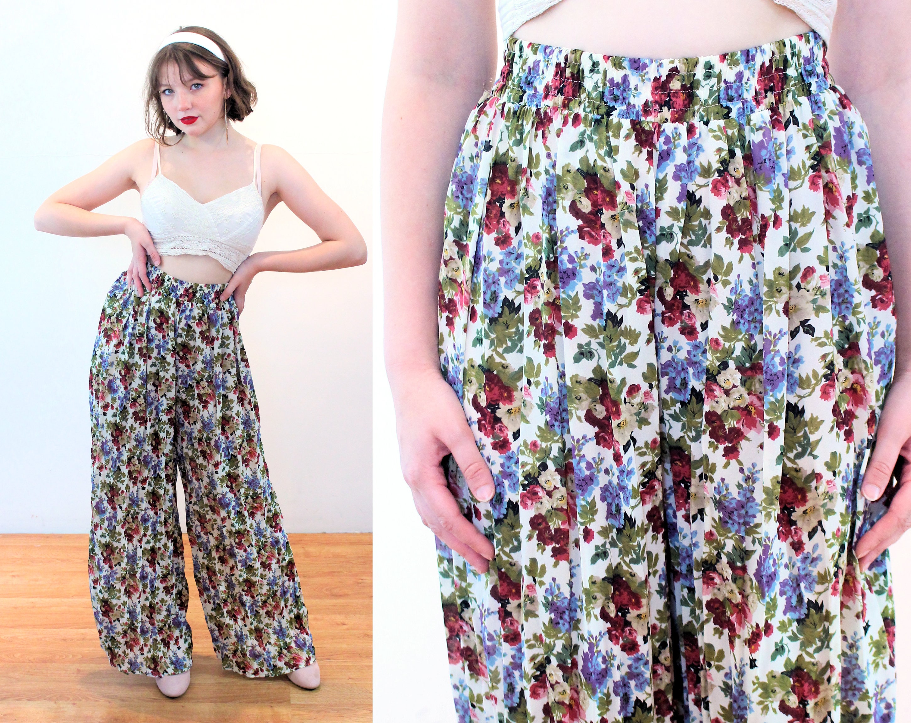 90s Floral Palazzo Pants S M Vintage 