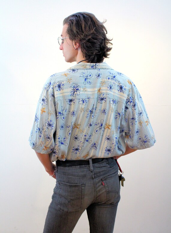 Y2K Silk Aloha Shirt L XL, Vintage Blue Washable … - image 3