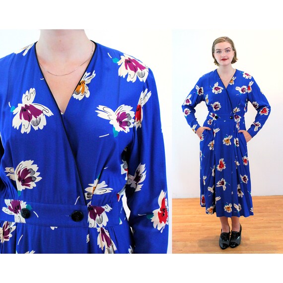 90s Liz Claiborne Wrap Dress M, Vintage Blue Flor… - image 1