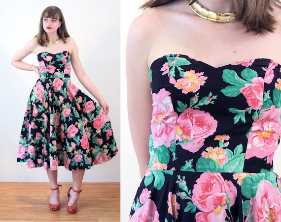 80s Strapless Party Dress S, Rose Print Floral 50s