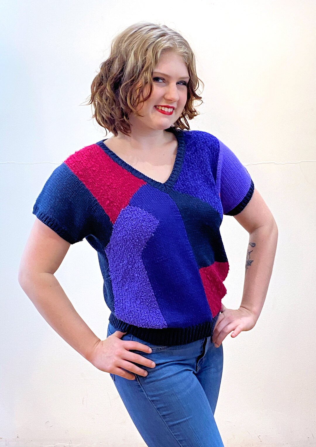 80s Colorblock Sweater Vest P M L, Vintage Purple Pink 