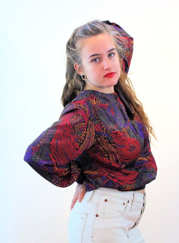 80s Baroque Print Top M, Vintage Red Purple Paisl… - image 2