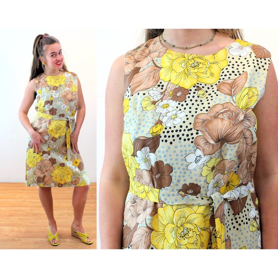 60s Yellow Floral Dress M L, Vintage Colorful Mod… - image 1