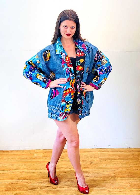 80s Handmade Patchwork Denim Coat L XL, Vintage Tropical Fish