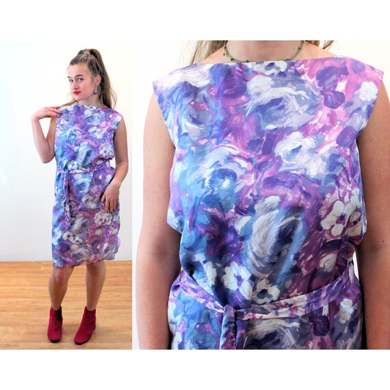 60s Mod Purple Satin Dress M, Vintage Abstract Fl… - image 1