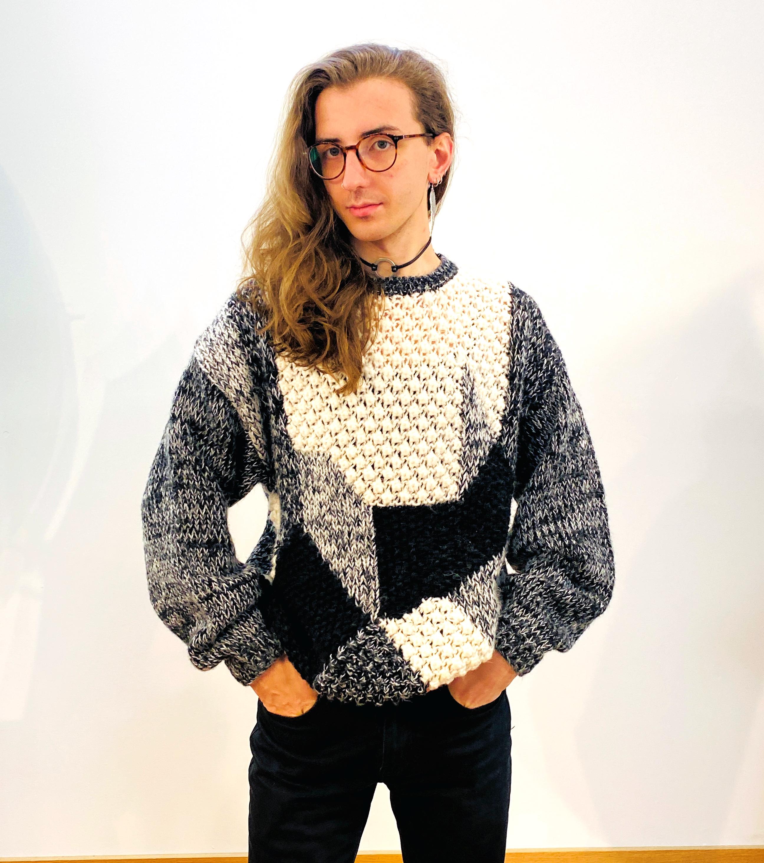 90s Black White Gray Sweater M, Vintage 