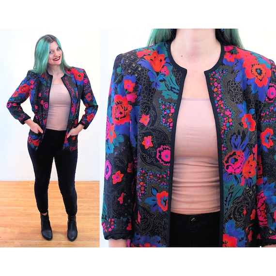 80s Floral Silk Jacket S, Vintage Vibrant Multi C… - image 1