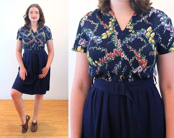 40s Rayon Crepe Dress S, Vintage Navy Floral Top with Solid Blue Color Attached Skirt 1930s 1940s Pre-WWII Landgirl Belted Frock, Small