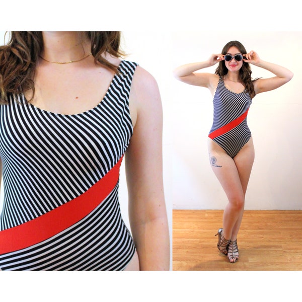 80s Diagonal Striped Swimsuit S Tall, Vintage Red White Black Sporty Retro "Shor-Tees" One Piece Maillot Bathing Suit, Small Long Torso