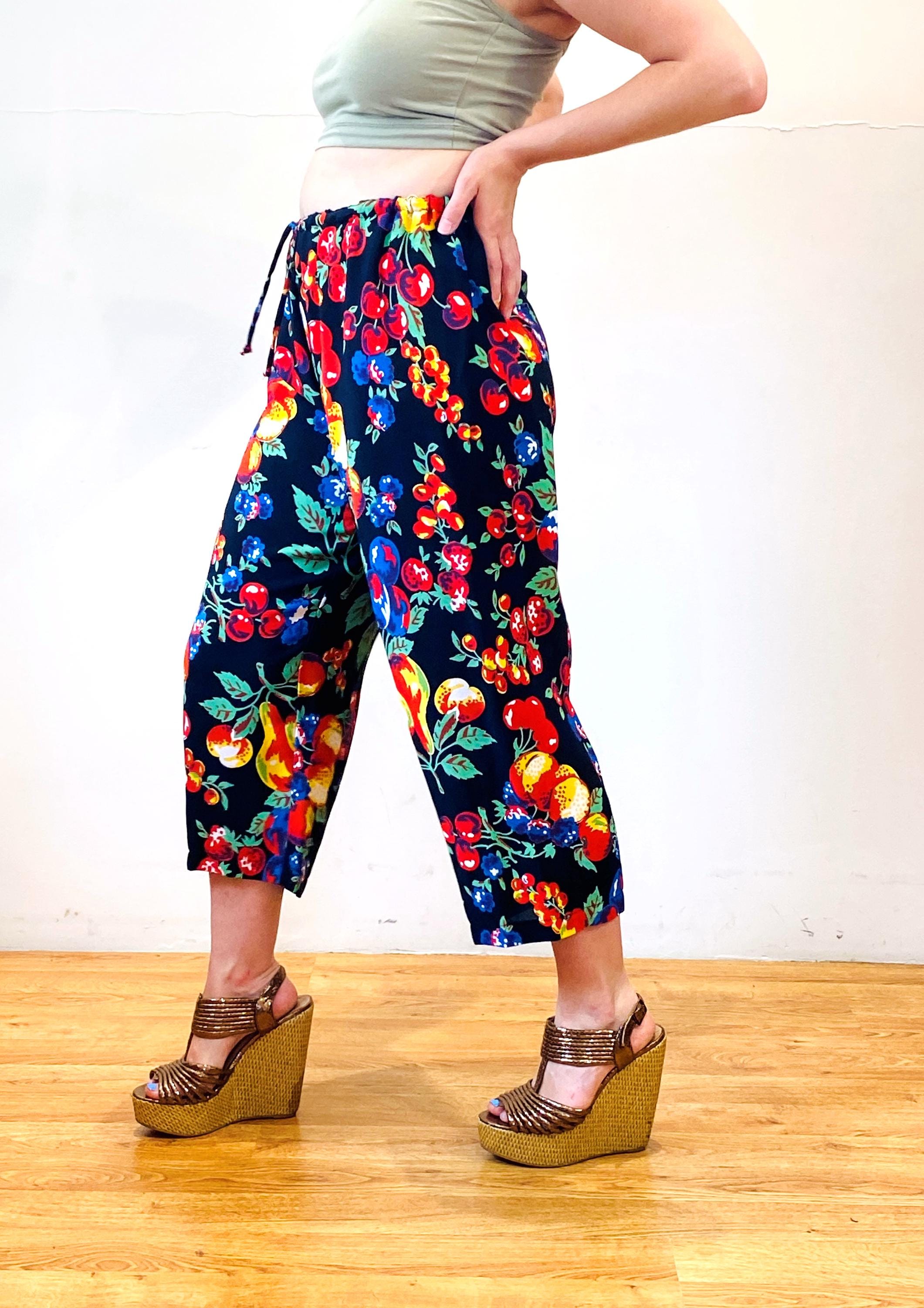 90s Fruit Print Pants S, Vintage Peaches Cherries Pears Grapes Black Rayon Crepe "Kim Stein" Elastic Waist Wide Leg Capri Harem Pants, Small