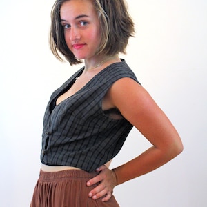 60s Gray Plaid Vest M, Vintage Unique Wrap Front Plunge Neckline Sleeveless Tartan &quot;Seaton Hall&quot; Wood Buttons Cotton Top, Medium