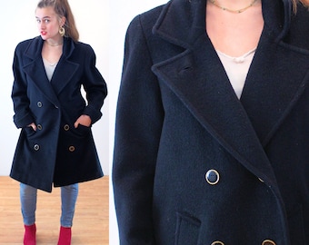 80s Mohair Wool Coat M, Vintage Black Double Breasted Knee Length Classic Peacoat Style Winter Outerwear Car Coat, Medium