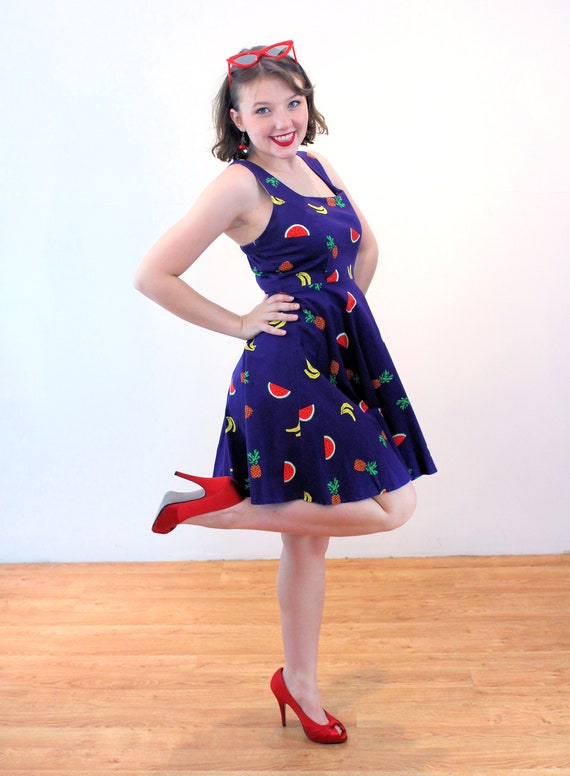 90s Fruit Print Dress XS, Vintage Blue Cute Novel… - image 2