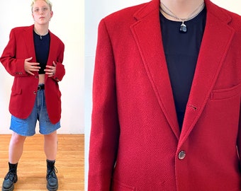 60s Red Wool Blazer 41 Long, Vintage Preppy "Langrock Princeton" Collegiate Menswear 1960s Jacket, Medium Large Tall