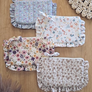 Pochette en coton floral à volants, Trousse de maquillage zippée en 4 couleurs